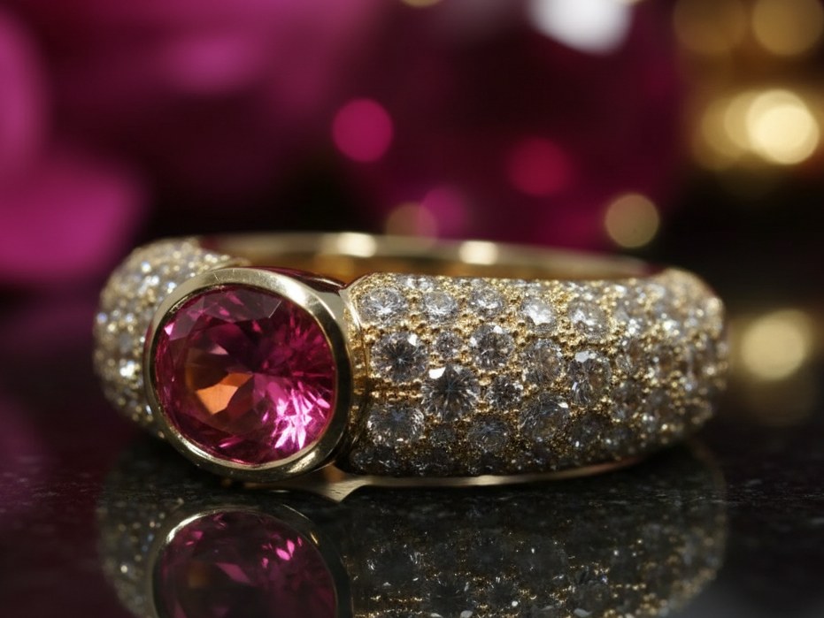 Goldring mit rosa Stein in der Zarge und Pavé auf der Schiene