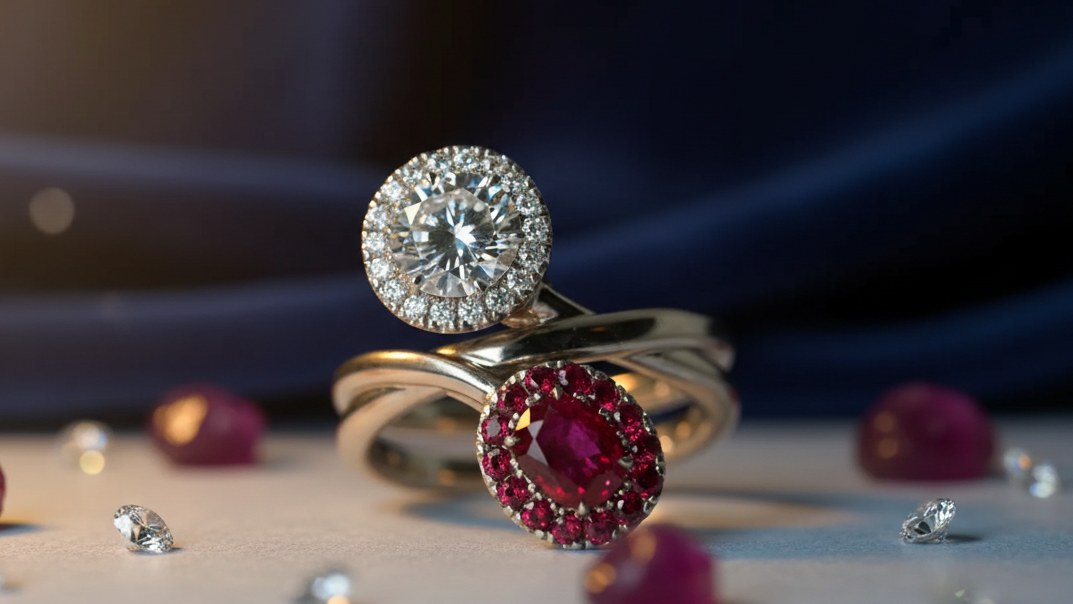 Toi-et-Moi-Ring mit Diamant-Entourage und Rubin-Entourage