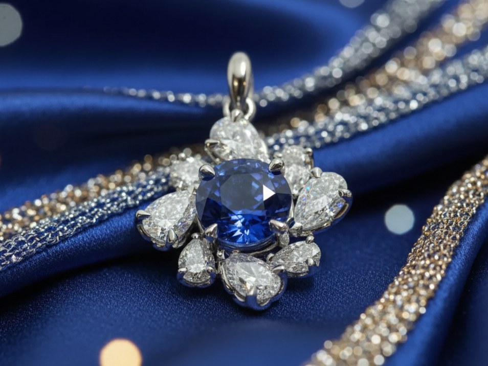 Anhänger mit blauem Saphir, umgeben von Diamanten im Tropfenschliff
